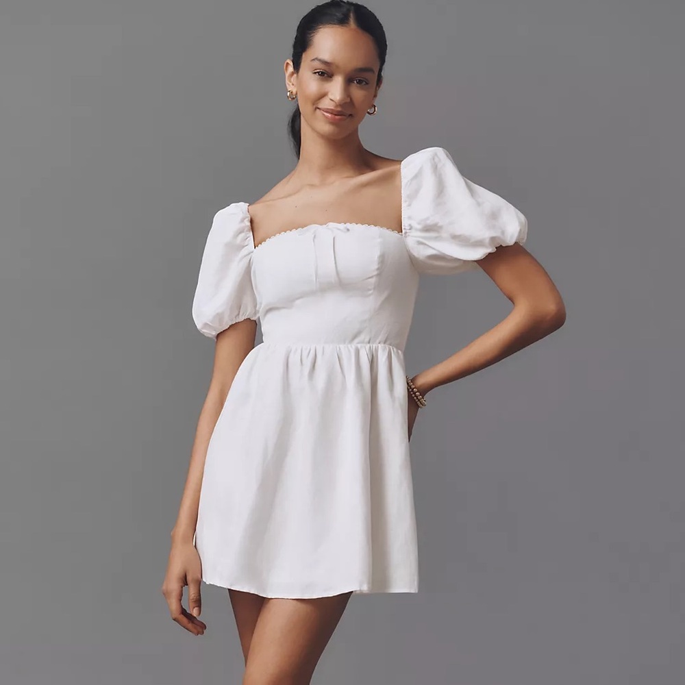 Reformation Malvina Linen Mini Dress White Ivory Puff Sleeve Square Neck 10 NWT
